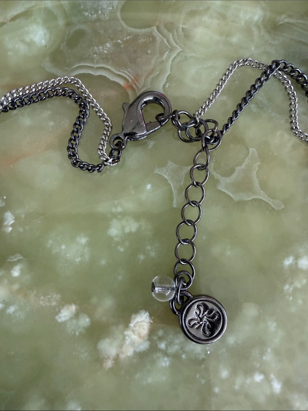 Silver Tone Double Strand Necklace with Green Opalescent Teardrop Pendant - Picture 3 of 5